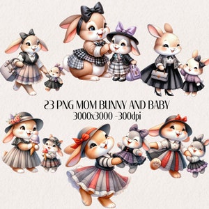 Watercolor Mom Bunny and Baby Clipart, Bunnies PNG. Mommy & Me. Watercolor little bunny clipart, Rabbit PNG, Mother&#39;s day watercolor clipart