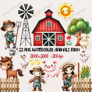Watercolor Adorable Farm Clipart, Farm Animals Watercolor Digital Clipart, Nursery Farm Bundle, Cute chickens, horses, cows, Barn