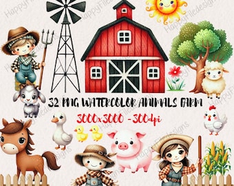 Watercolor Farm Clipart Bundle: Adorable Animals, Barn (Digital Download)