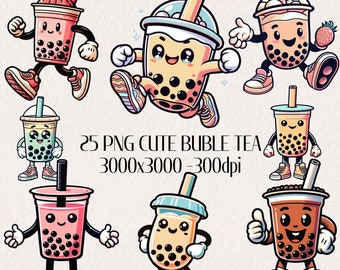 Cute Bubble Tea Clipart Set, Funny Kawaii Drinks (PNG Files)