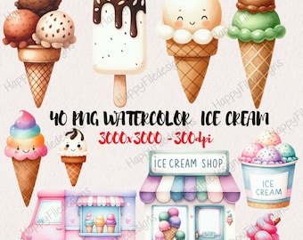 Watercolor Ice Cream Clipart: Summer Treats PNG (Digital Download)