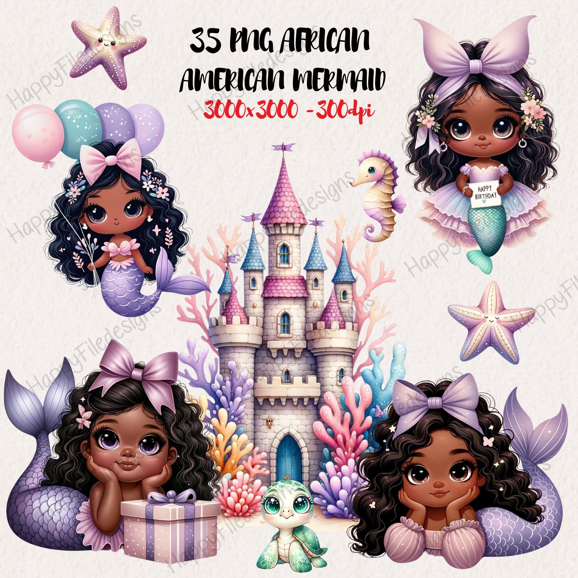 Cute African Mermaid Clipart, Mermaid Birthday Clipart, Little Mermaid Party Clipart, Cute Mermaid PNG, Under the Sea Clipart