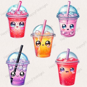 May include: Five cartoon-style cups with straws and lids filled with colorful drinks. Each cup has a cute face with large eyes and a smile. The drinks are pink, orange, purple, and red.