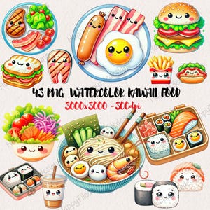 Watercolor Kawaii Food Clipart, Ramen Noodle kawaii, Kawaii sandwich, Ramen clipart, Kawaii sushi, Transparent PNG Graphic, Commercial Use