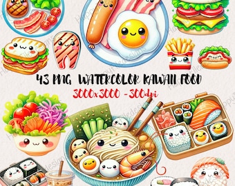 Watercolor Kawaii Food Clipart: Sushi, Ramen, Sandwich (PNG, Commercial Use)