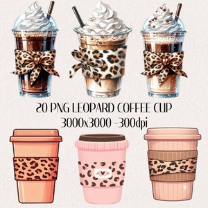 May include: Set of 20 digital clipart images of coffee cups with leopard print designs. The cups are in various colours and styles, including brown, pink, and white. Some cups have whipped cream and chocolate sprinkles on top. The images are 3000x3000 pixels and 300 dpi.