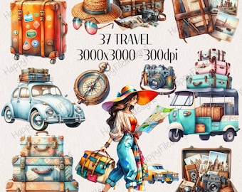 Clipart de viajes en acuarela: Gráficos de vacaciones de verano (PNG)