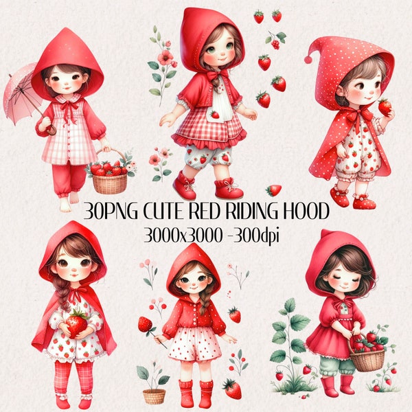 Watercolor girl red riding hood clipart, Fairytale Clipart,Forest Clipart,Little Red Riding Hood Graphics, Red Riding Hood Party Strawberry