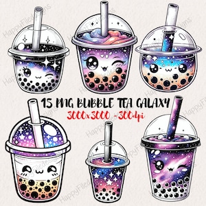 Galaxy Boba Tea Clipart: Kawaii Bubble Tea PNG Set (Digital Download)