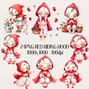 Watercolor cute red riding hood clipart, Fairytale Clipart, Strawberry Clipart, Little Red Riding Hood Graphics, Red Riding Hood Party