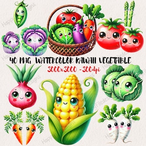 Watercolor Kawaii vegetable Clipart, Cute Kawaii Vegetables, Kawaii Vegetable Bundle, Vegetable PNG, Instant Download - Commercial Use