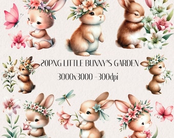 Watercolor Bunny Clipart: Floral Spring Garden Graphics (PNG)