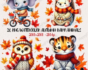 Watercolor Autumn Animal Clipart: Fall Woodland PNG (3000x3000 Pixels)