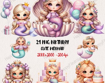 Cute Mermaid Birthday Clipart, Under the Sea PNG (Commercial Use)