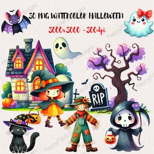 Watercolor cute kawaii Halloween clipart, Cute Halloween Graphics and Decor, Bat, Pumpkin Illustration | Instant Download for Commercial Use