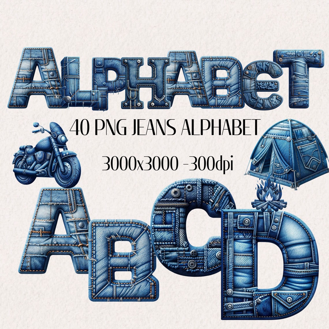 Watercolor Denim Alphabet Clipart: Jeans Letters (PNG Digital Download ...