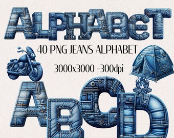 Aquarell Denim Alphabet Clipart: Jeans Buchstaben (PNG Digital Download)