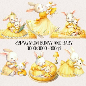 Watercolor Mom Bunny and Baby Clipart, Bunnies. Mommy & Me. Watercolor little bunny clipart, Rabbit png, Mother&#39;s day watercolor clipart