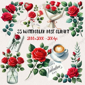 Clipart de rosas em aquarela: buquê de dia dos namorados, borda de flores (download digital)