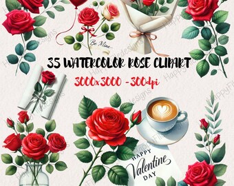 Watercolor Rose Clipart: Valentine Bouquet, Flower Border (Digital Download)
