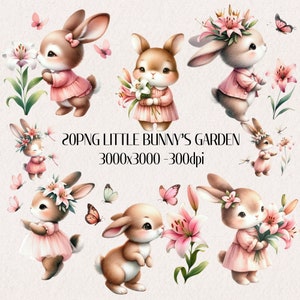 Puede incluir: Un conjunto de 20 ilustraciones digitales de conejos lindos en un entorno de jardín. Los conejos llevan vestidos rosas y coronas de flores. Las ilustraciones son perfectas para crear invitaciones, tarjetas y otras manualidades.
