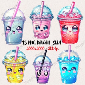 May include: Set of six kawaii soda cups with cute faces and colorful drinks. The cups are filled with different flavors, including pink, blue, yellow, and red. Each cup has a straw and ice cubes. The background is a light gray.