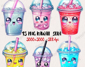 Kawaii Soda Clipart Bundle: Watercolor Summer Drink PNG (Digital Download)
