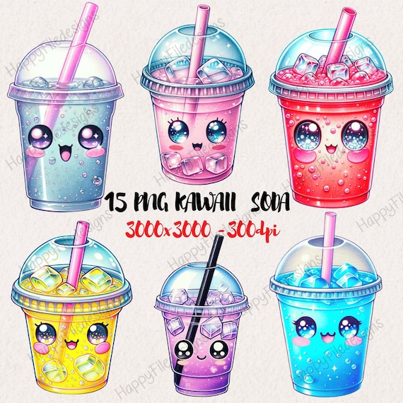 Kawaii Soda Clipart Bundle: Watercolor Summer Drink PNG (Digital Download)