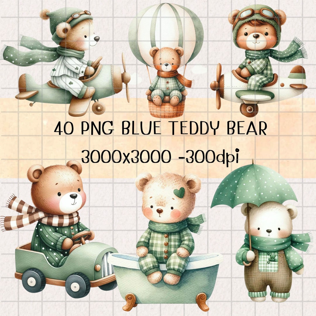 Watercolor Green Teddy Bear Clipart: 40 PNG Nursery Art (commercial Use ...