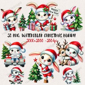 Conejito navideño en acuarela, descarga digital para tarjetas, decoración, manualidades y álbumes de recortes.