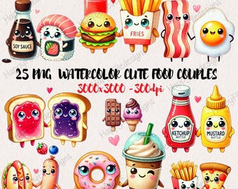 Kawaii Food Couples Clipart, Watercolor Style (PNG, Digital Download)