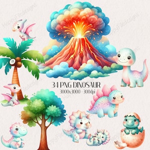Watercolor Dinosaur Clipart Collection - Nursery Clipart, Dinosaur Birthday Party Decor, Stickers, Baby Shower, PNG, Baby Boy Nursery Decor