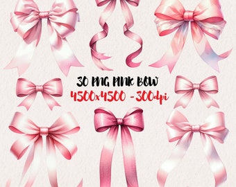 Watercolor Pink Bows Clipart, Coquette Pink Bows, Pink Wedding Bow PNG, Girly clipart, Baby Girl Nursery Art, Pastel Ribbon Bow, Bow PNG