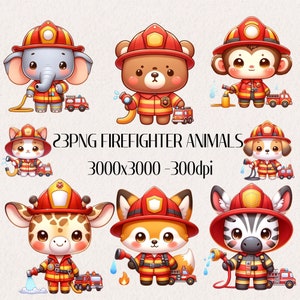 Firefighter Animal Clipart, Cute Animals Baby Shower, Fire Truck illustration, Baby boy Nursery, Printable Art, Animals Fire Extinquisher