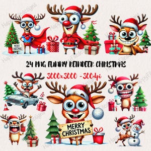 Funny Quirky Reindeer Clip Art,  Watercolor Reindeer Christmas Illustration Clipart, Cute Christmas Reindeer PNG, Commercial Use
