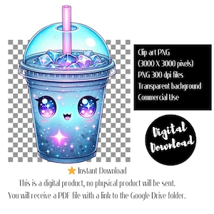May include: A cartoon illustration of a blue and purple galaxy-themed iced drink with a straw. The drink has a cute face with big eyes and a smile. The background is transparent.