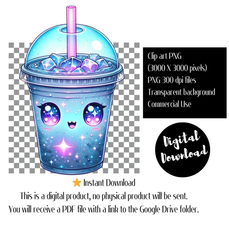 May include: A cartoon illustration of a blue and purple galaxy-themed iced drink with a straw. The drink has a cute face with big eyes and a smile. The background is transparent.
