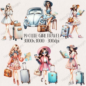 Summer Travel Girl Watercolor Clipart, Transparent PNG, Digital Download, Travel Girl Clipart, Fashion Girl ClipArt, Digital Stickers