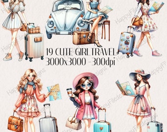 Watercolor Travel Girl Clipart: Summer Fashion PNG Stickers (Digital Download)
