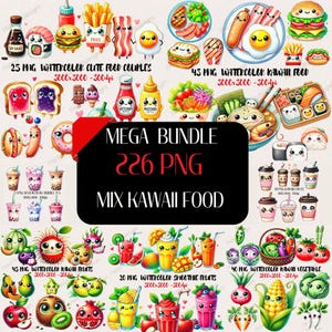 226 Watercolor Kawaii Food Clipart Bundle, Kawaii Food, Kawaii Sweets, Kawaii Drinks, Kawaii Fruit Clipart, Perfect match kawaii clipart