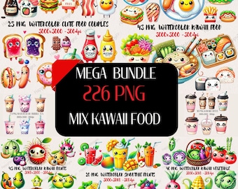 226 Watercolor Kawaii Food Clipart Bundle (PNG)