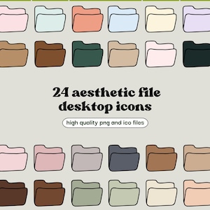 Puede incluir: Conjunto de 24 iconos de carpetas de archivos estéticos en varios colores pastel y terrosos. Los iconos están en un estilo simple y minimalista con contornos negros. Archivos PNG e ICO de alta calidad.