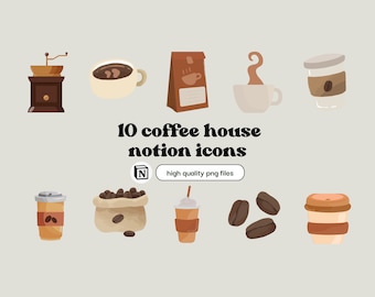 May include: Ten coffee house icons for Notion. The icons include a coffee grinder, a cup of coffee, a bag of coffee beans, a coffee cup with steam, a to-go coffee cup, a bag of coffee beans, a coffee cup with whipped cream, three coffee beans, and a to-go coffee cup.