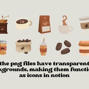 May include: A set of 10 colorful illustrations of coffee-related items, including a coffee grinder, a cup of coffee, a bag of coffee beans, a coffee bean, a coffee cup with steam, a to-go coffee cup, and a frothy coffee drink. The illustrations are perfect for use as icons in digital design.