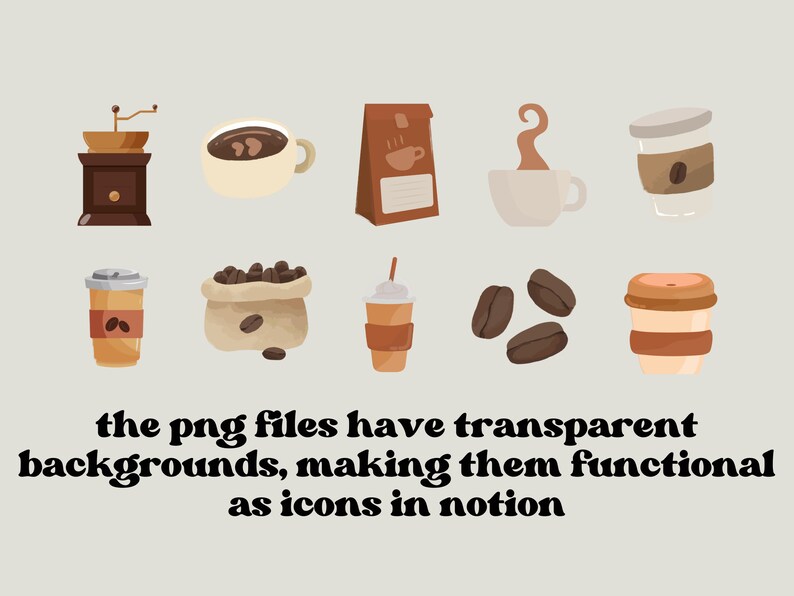May include: A set of 10 colorful illustrations of coffee-related items, including a coffee grinder, a cup of coffee, a bag of coffee beans, a coffee bean, a coffee cup with steam, a to-go coffee cup, and a frothy coffee drink. The illustrations are perfect for use as icons in digital design.