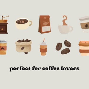 May include: A set of 10 colorful illustrations of coffee-related items, including a coffee grinder, a bag of coffee beans, a cup of coffee, a coffee maker, and a coffee to-go cup. The text "perfect for coffee lovers" is at the bottom of the image.