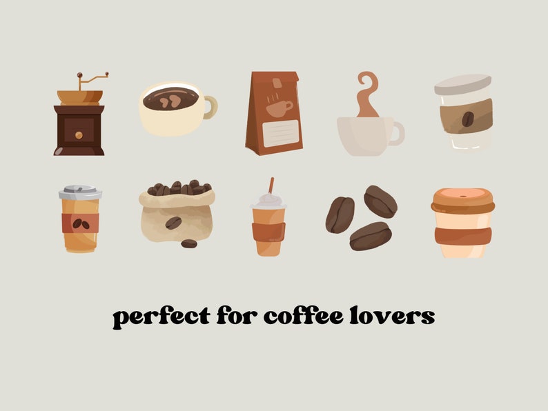 May include: A set of 10 colorful illustrations of coffee-related items, including a coffee grinder, a bag of coffee beans, a cup of coffee, a coffee maker, and a coffee to-go cup. The text "perfect for coffee lovers" is at the bottom of the image.