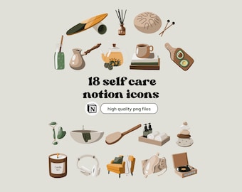 May include: A set of 18 self-care themed icons for Notion, featuring illustrations of a bath, candles, a record player, a cup of tea, a yoga mat, and more.  These icons are perfect for organizing your Notion workspace and adding a touch of personality to your notes.