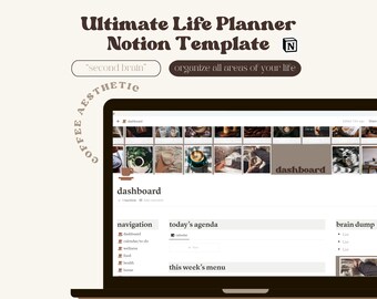 May include: A laptop screen displaying a Notion template for a life planner. The template is organized into sections for navigation, today's agenda, this week's menu, and a brain dump. The template has a coffee theme with images of coffee cups and beans.