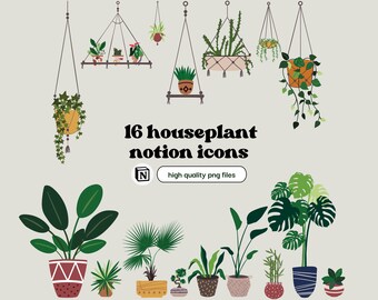 May include: A set of 16 houseplant icons for Notion, featuring a variety of plants in different pots and hanging planters. The icons are in a flat, cartoon style and are perfect for adding a touch of greenery to your digital notes.
